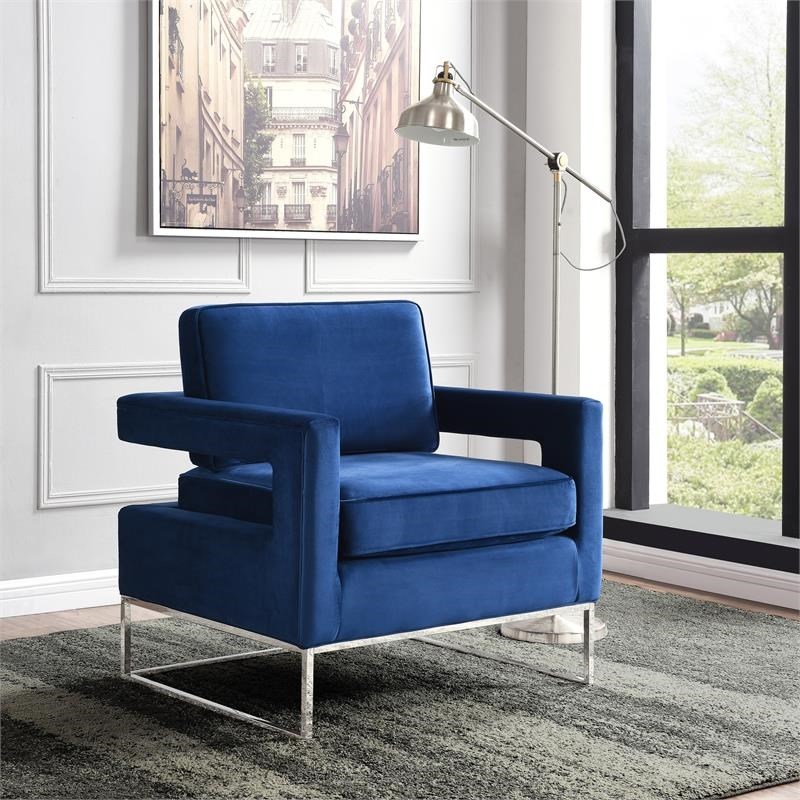 Home Square 2 Piece Upholstered Velvet Accent Chair Set in Navy and Chrome