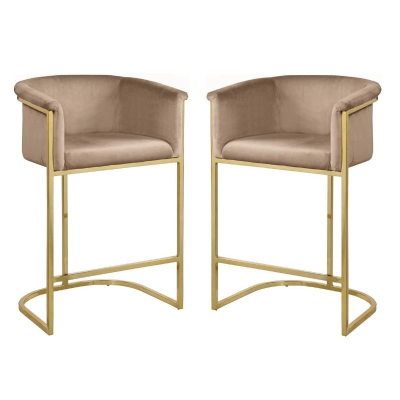 Home Square 2 Piece Velvet Counter Stool Set with Gold Metal Base in Beige