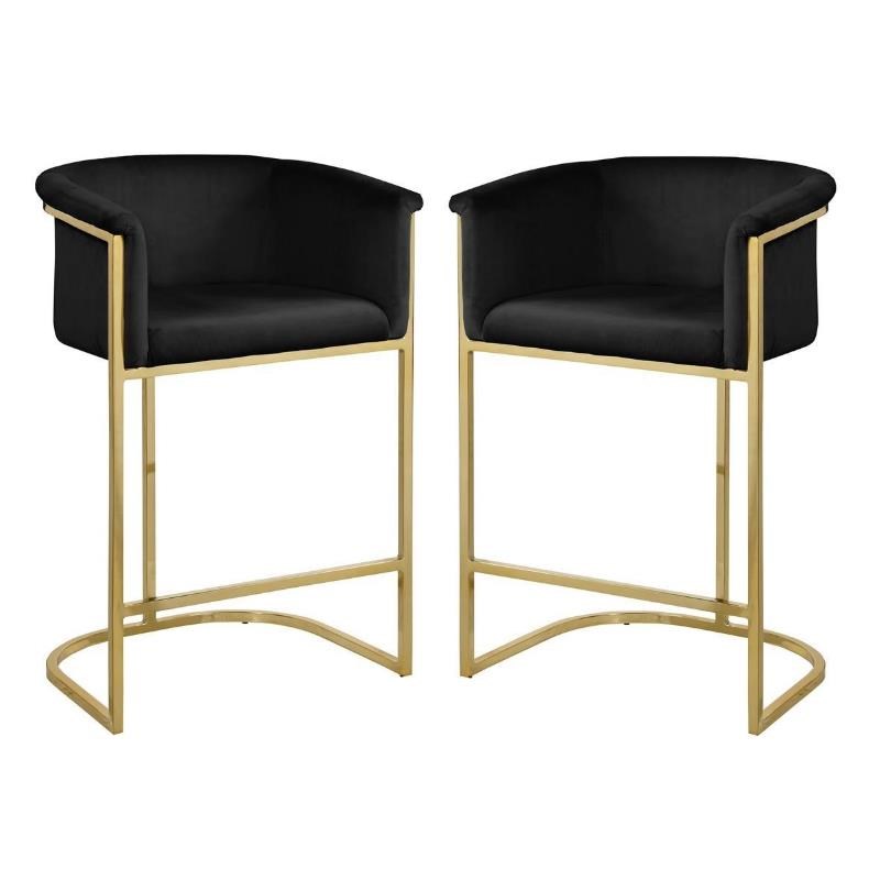 Home Square 2 Piece Velvet Counter Stool Set with Gold Metal Base in Black
