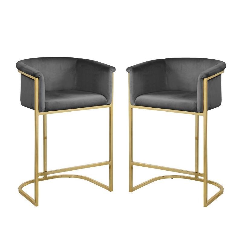 Home Square 2 Piece Velvet Counter Stool Set with Gold Metal Base in Gray
