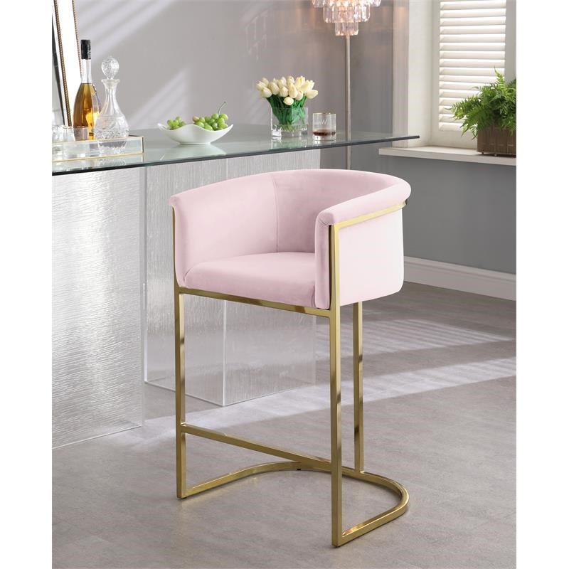 Home Square 2 Piece Velvet Counter Stool Set with Gold Metal Base in Pink