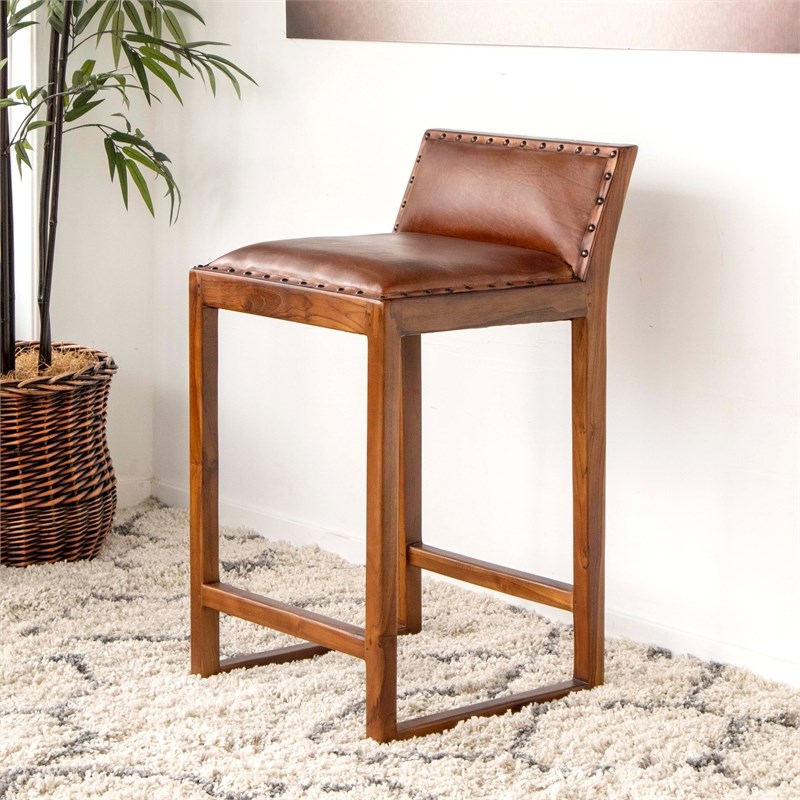 Home Square 2 Piece Mid Century Modern Leather Counter Stool Set in