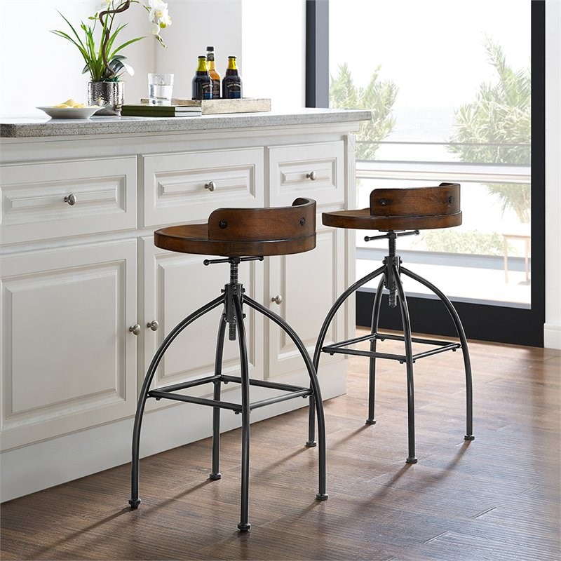 Home Square 2 Piece Adjustable Bar Stool Set in Natural and Black