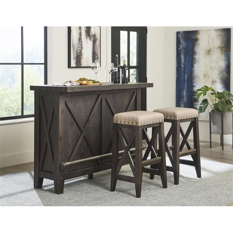 Home Square 2 Piece Solid Wood Upholstered Bar Stool Set in Cafe