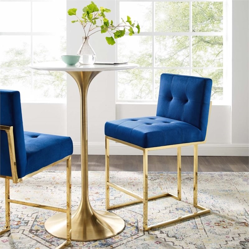 Home Square 2 Piece Metal Base Velvet Counter Stool Set in Gold and Navy