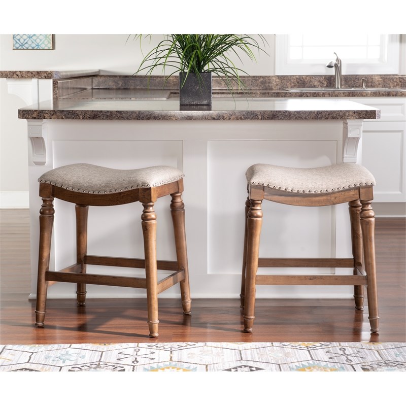 Home Square 2 Piece Saddle Polyester Upholstery Wood Counter Stool Set in Brown