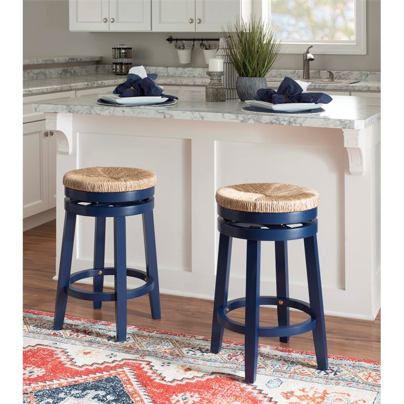 Home Square 2 Piece Solid Wood Swivel Rush Counter Stool Set in Navy Blue