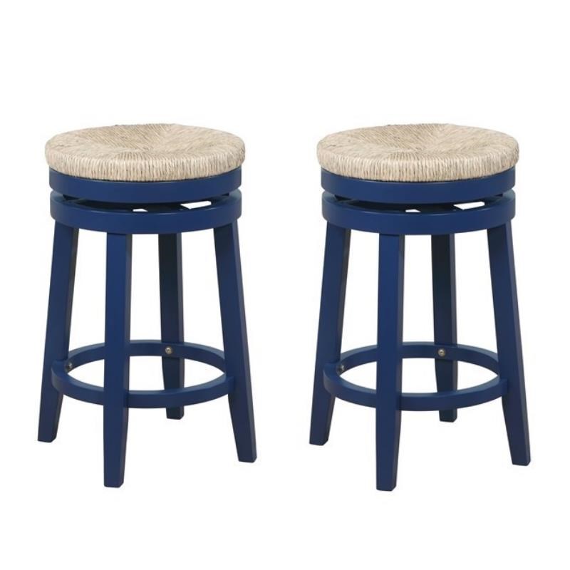 Home Square 2 Piece Solid Wood Swivel Rush Counter Stool Set in Navy Blue