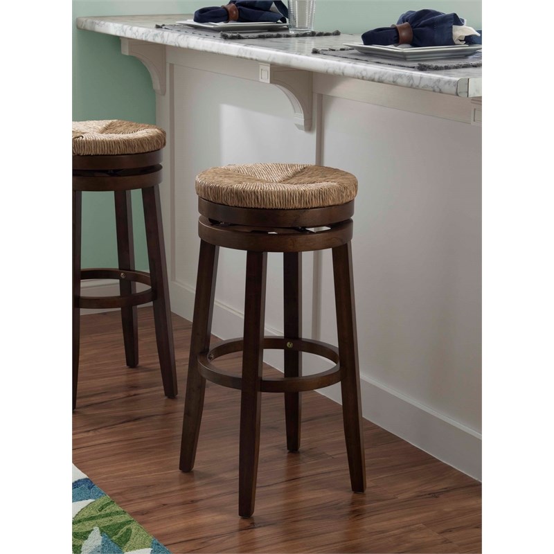 Home Square 2 Piece Solid Wood Swivel Rush Bar Stool Set in Walnut Brown