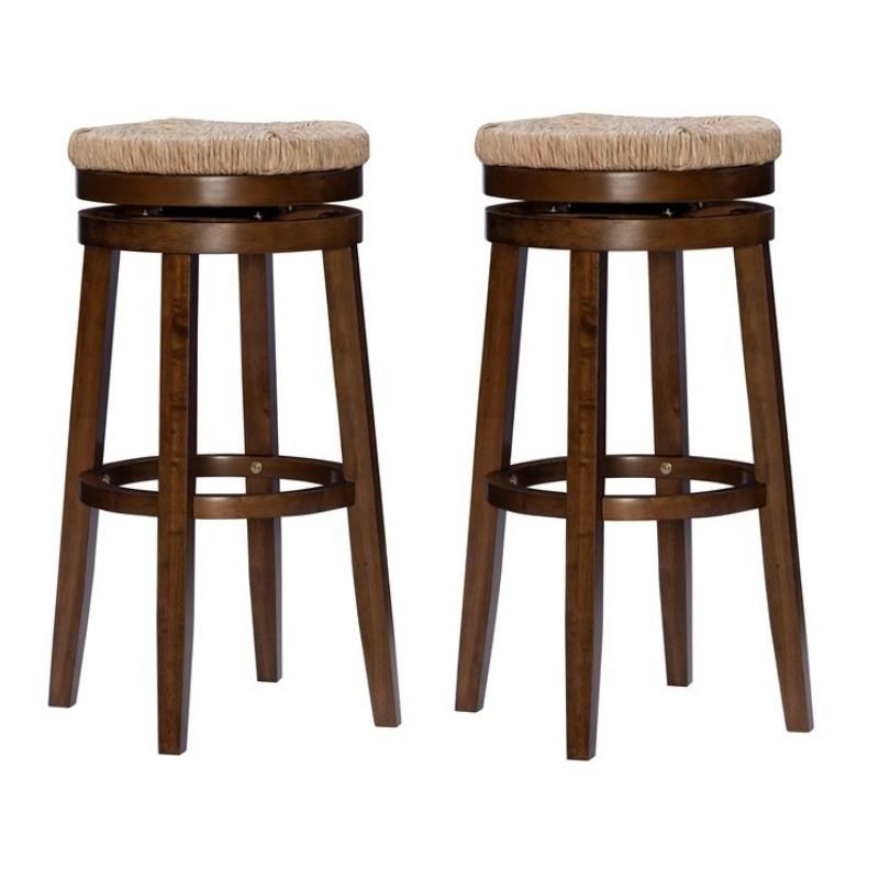 Home Square 2 Piece Solid Wood Swivel Rush Bar Stool Set in Walnut Brown