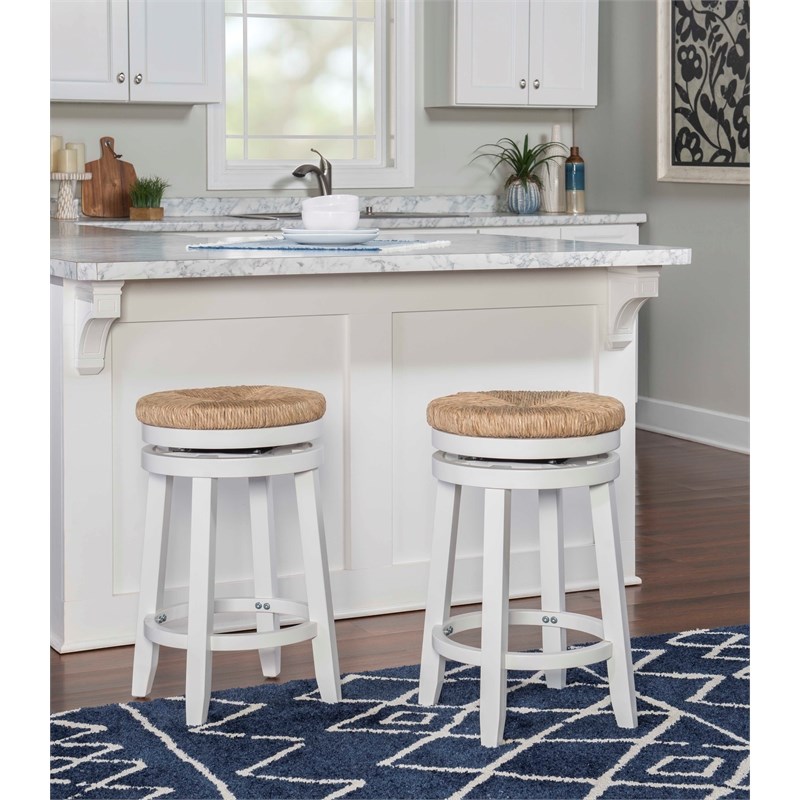 Home Square 2 Piece Swivel Rush Wood Counter Stool Set in White