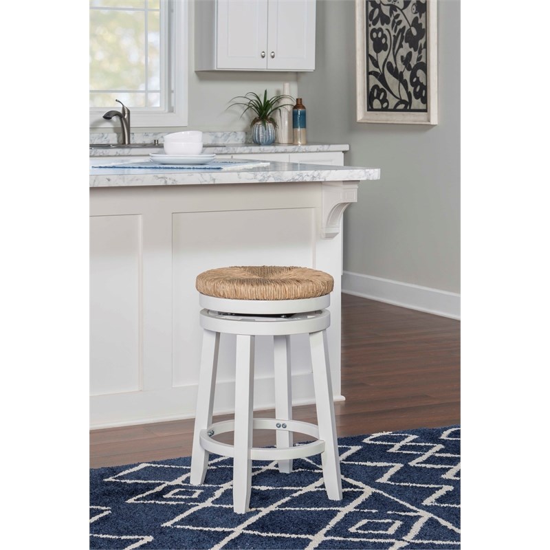 Home Square 3 Piece Swivel Rush Wood Counter Stool Set in White
