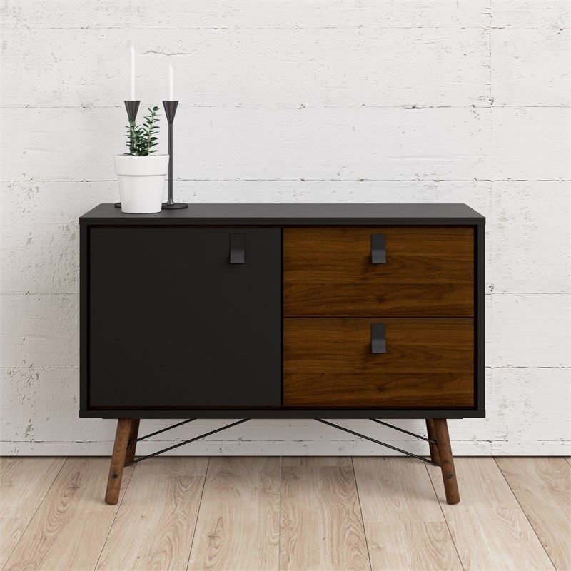 Home Square 2 Piece Set with TV Stand and Sideboard in Black Matte/Walnut