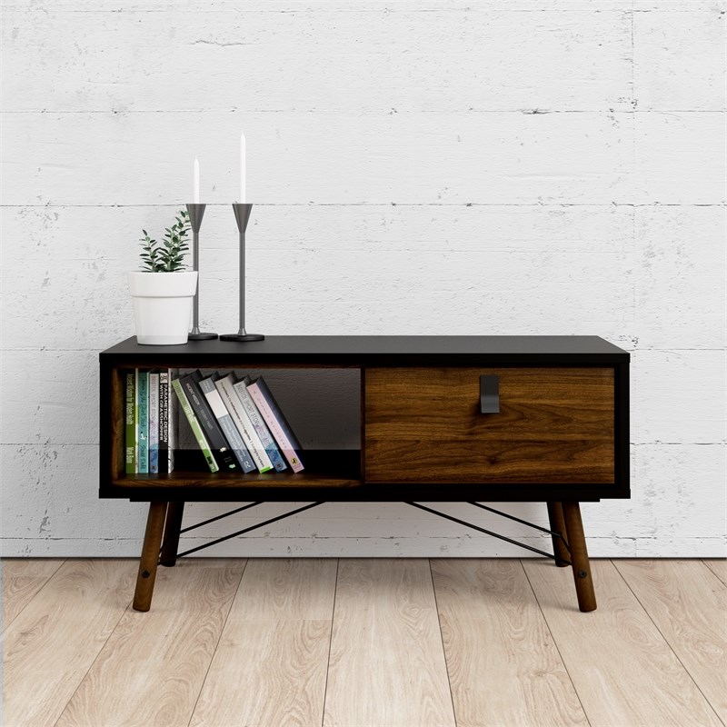 Home Square 2 Piece Set with Coffee Table and TV Stand in Black Matte/Walnut