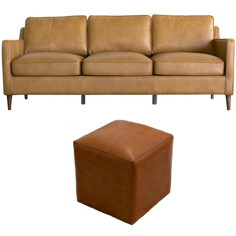 Home Square 2 Piece Set with Genuine Leather Sofa and Ottoman in Brown