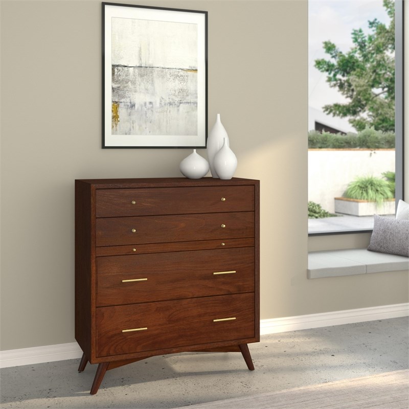 Home Square 2 Piece Set with Nightstand and 4-Drawer Accent Chest in Walnut