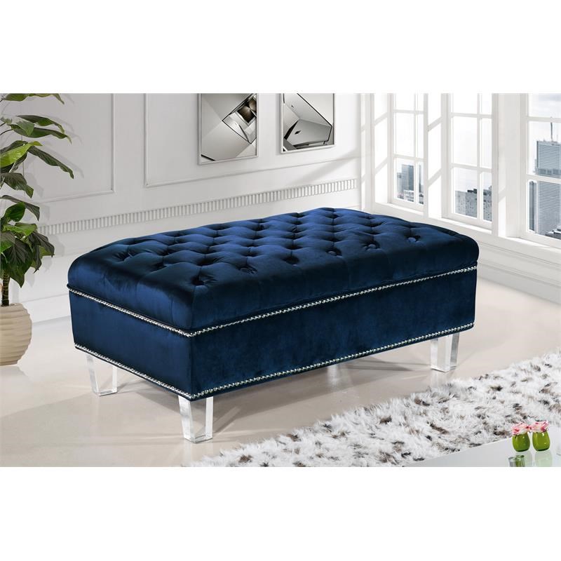 Home Square 2-Piece Furniture Set with Velvet Ottoman and Sofa in Navy