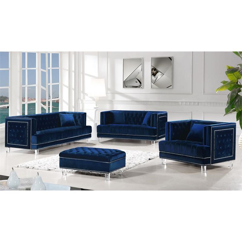 Home Square 3-Piece Furniture Set with Velvet Ottoman Sofa and Loveseat in Navy
