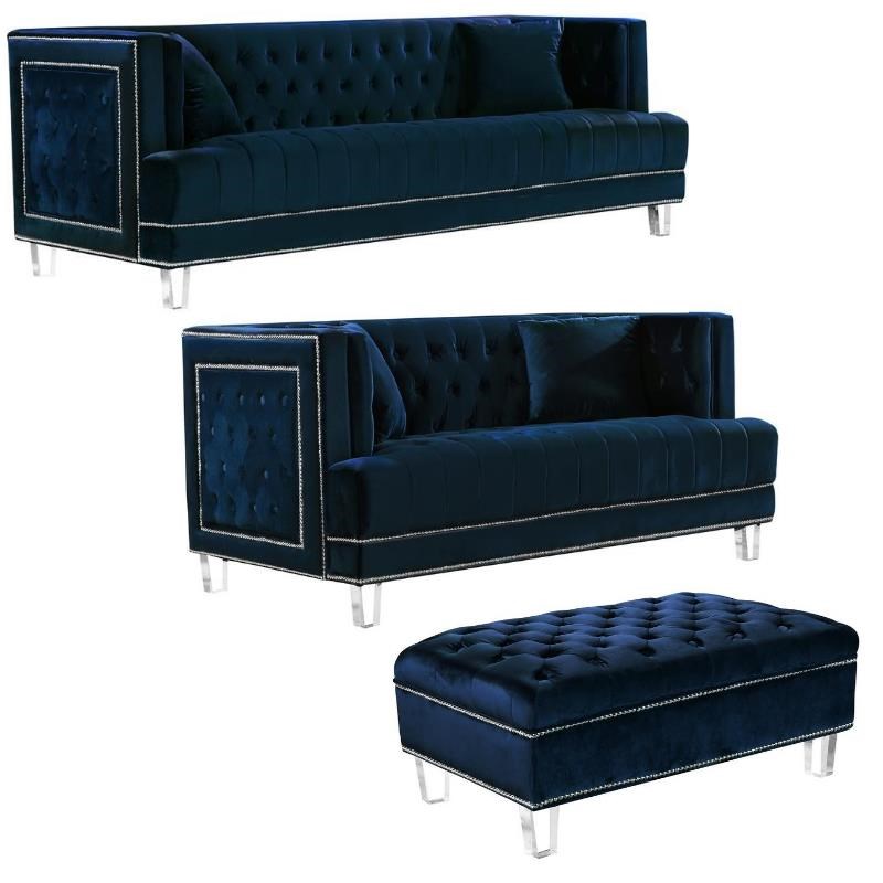 Home Square 3-Piece Furniture Set with Velvet Ottoman Sofa and Loveseat in Navy