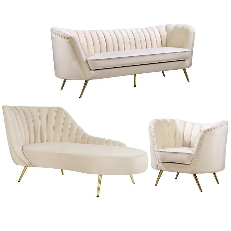 Home Square 3-Piece Set with Accent Chair Chaise and Sofa in Cream and Gold