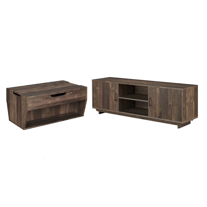 Krella 2-Piece Oak Wood Storage Coffee Table and 62-Inch TV Stand Set