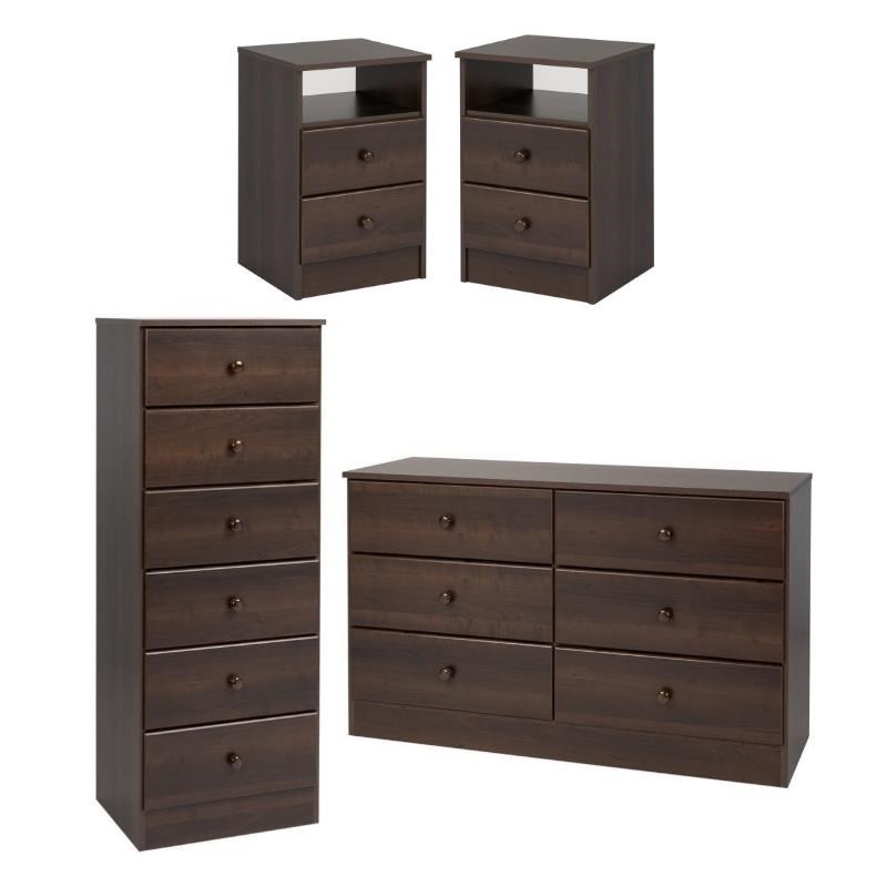 Home Square 4-Piece Set with 2 Nighstands 6-Drawer Lingerie Chest Double Dresser