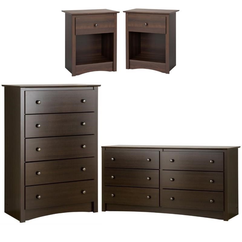 Home Square 4-Piece Set with 2 Tall Night Tables Chest and 6-Drawer Dresser