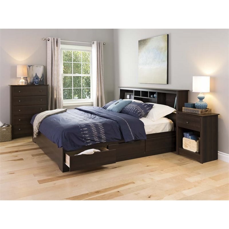 Home Square 3-Piece Set with 2 Tall Nightstands and 5 Drawer Chest in Espresso