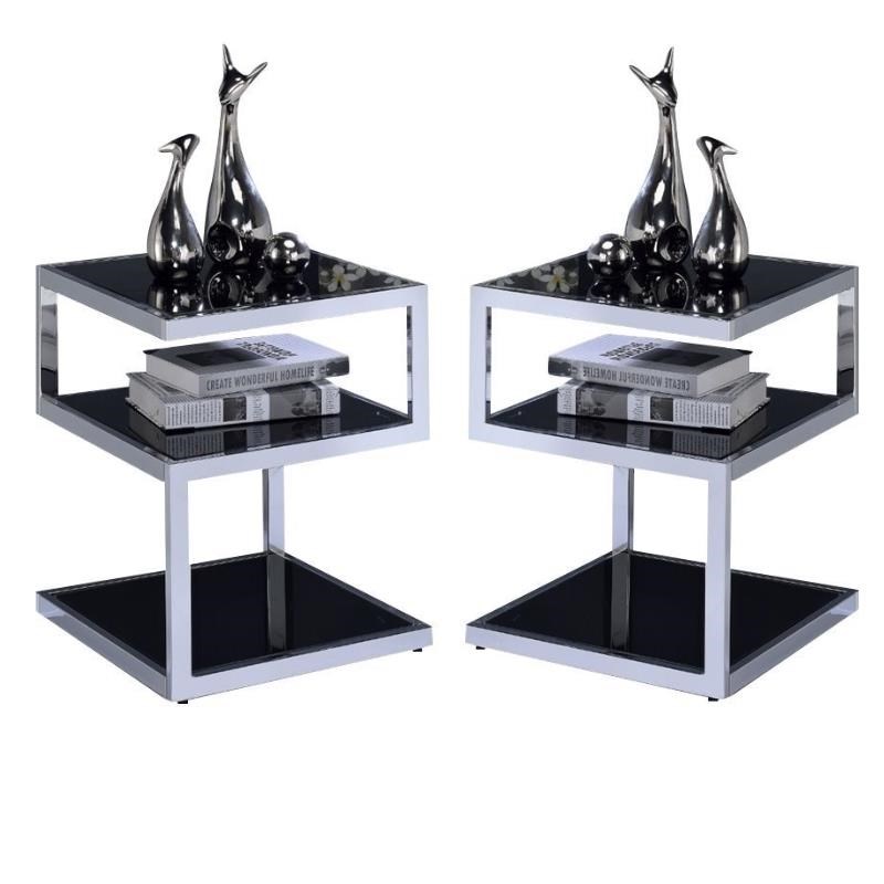Home Square 2-Piece Furniture End Table Set in Black Glass and Chrome
