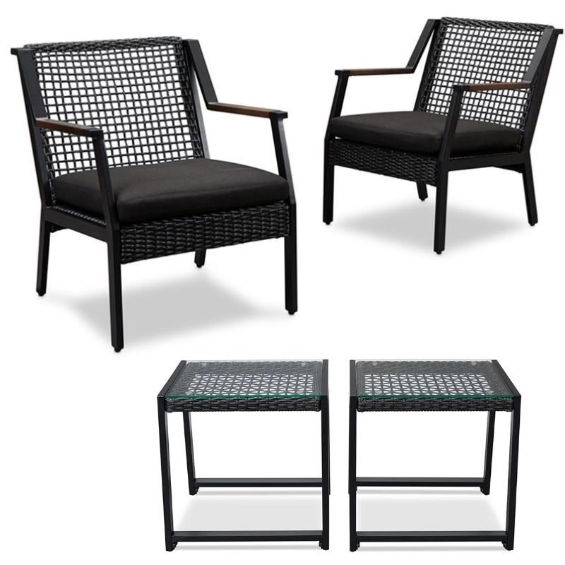 Home Square 4 Piece Garden Patio Set with 2 Chairs and 2 End Tables in Black