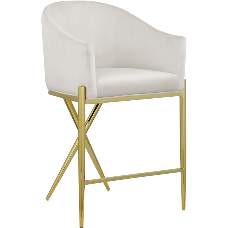 Home Square Cream Velvet Counter Stool with Gold Metal Legs - Set of 2