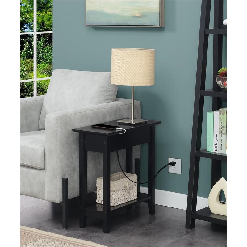 Home Square Top End Table with Charging Station in Black Wood Finish - Set of 2