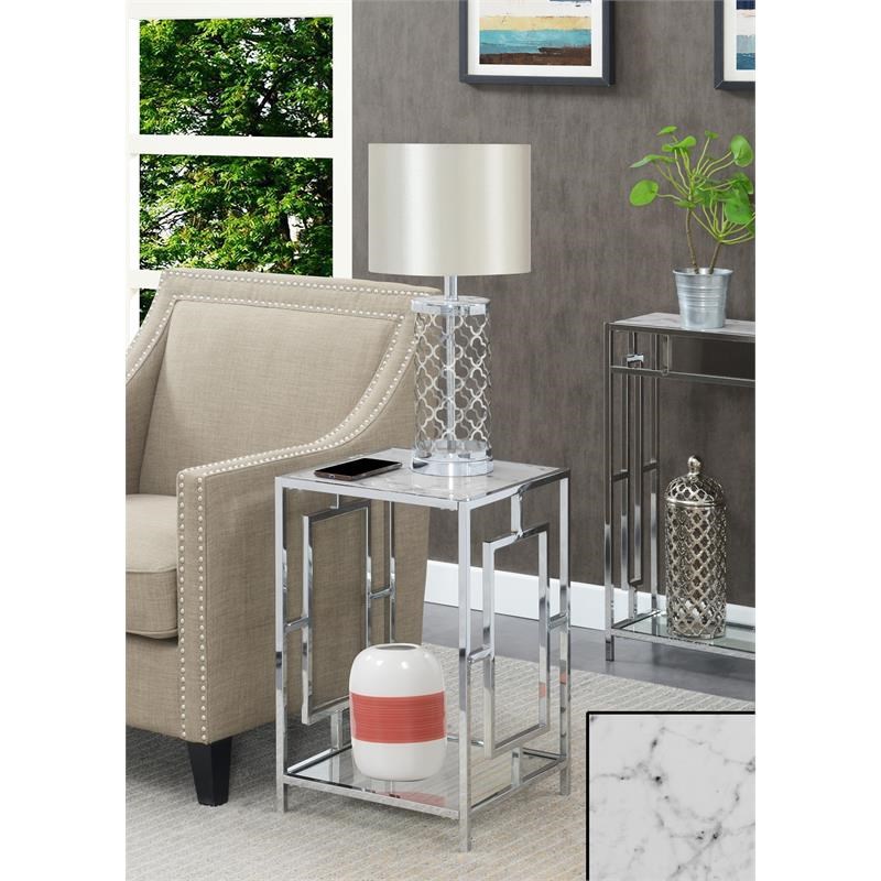 Home Square End Table with White Faux Marble Top and Clear Glass - Set of 2