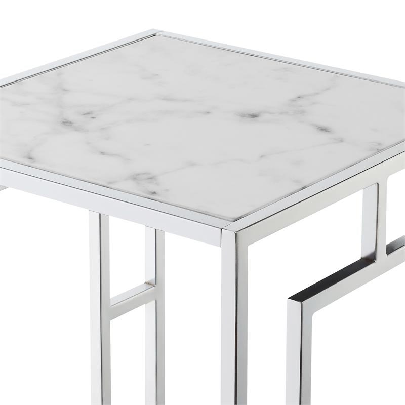 Home Square End Table with White Faux Marble Top and Clear Glass - Set of 2