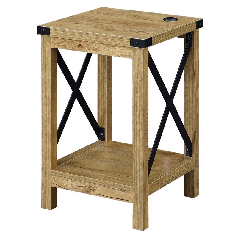 Home Square End Table with Charging Station in Light Oak Wood Finish - Set of 2