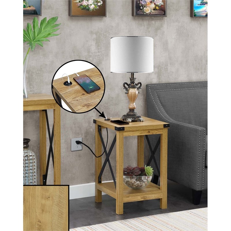 Home Square End Table with Charging Station in Light Oak Wood Finish - Set of 2