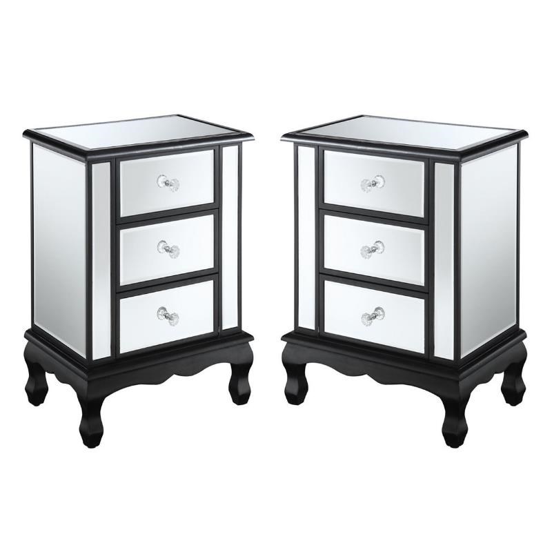 Home Square Three-Drawer End Table in Black Wood and Mirrored Glass - Set of 2