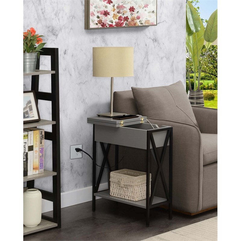 Home Square Top End Table with Charging Station & Shelf in Gray - Set of 2