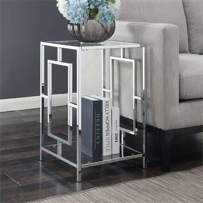 Home Square Glass Top End Table in Chrome Metal Frame - Set of 2