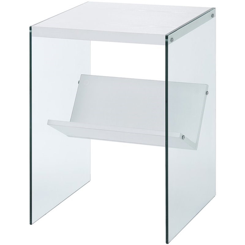 Home Square End Table in White Wood Finish and Clear Glass - Set of 2