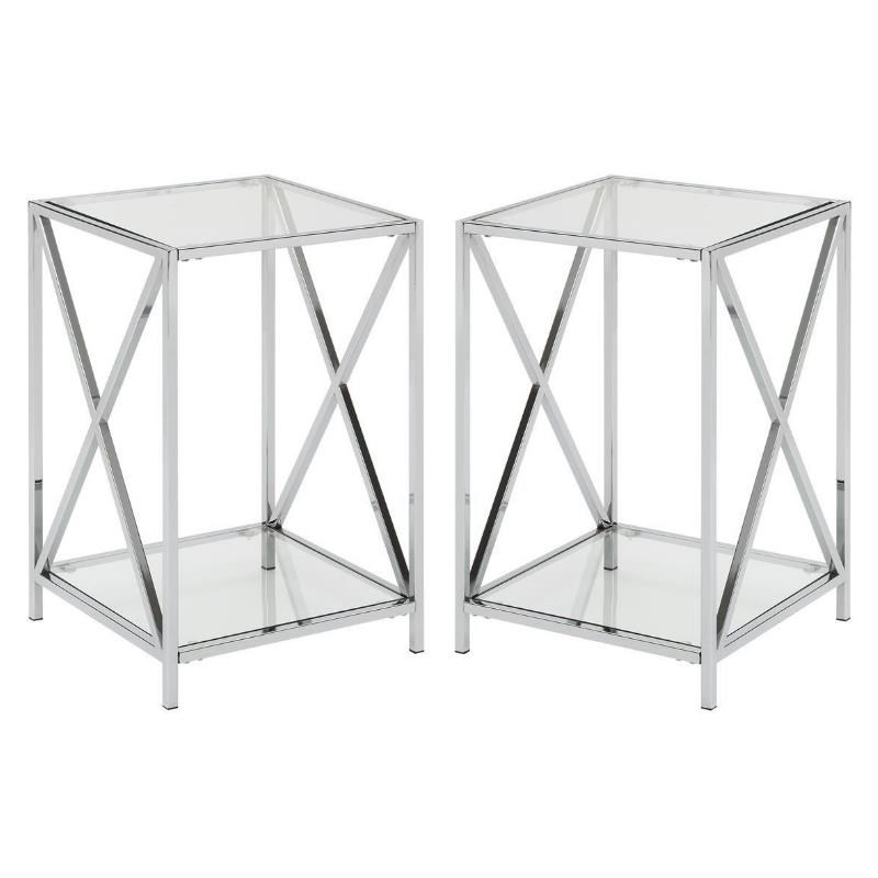 Home Square Chrome End Table with Clear Glass Shelves - Set of 2