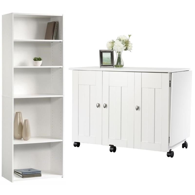 Home Square 2-Piece Set with Craft Table & 5-Shelf Bookcase in Soft White