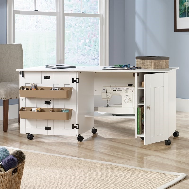 Home Square 2-Piece Set with Craft Table & Horizontal Bookcase in Soft White