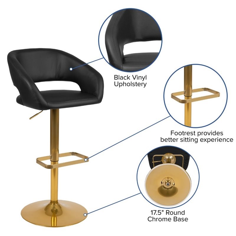 Home Square Faux Leather Adjustable Bar Stool in Black and Gold - Set of 3