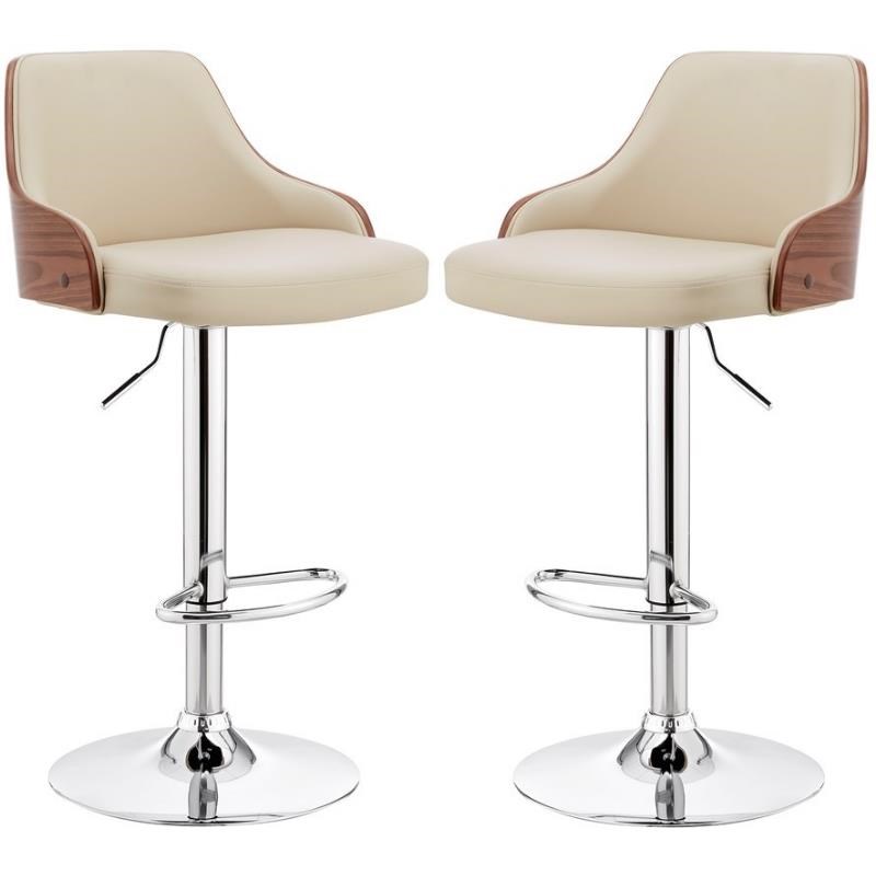 Home Square Adjustable Chrome Bar Stool in Cream Faux Leather - Set of 2