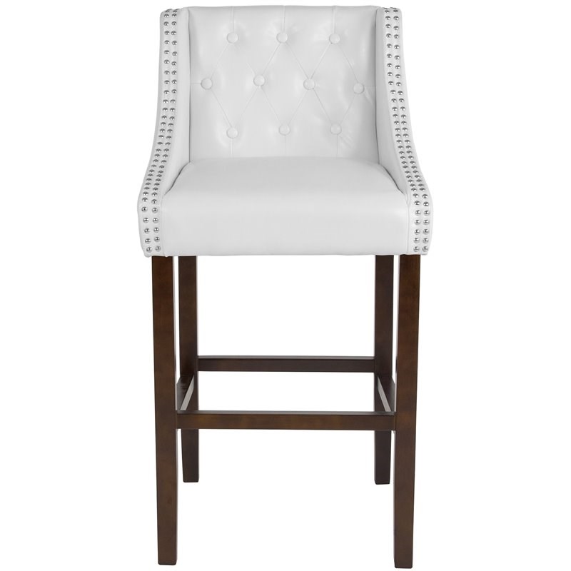 Home Square 30" Leather Tufted Bar Stool in White and Walnut Set of 2