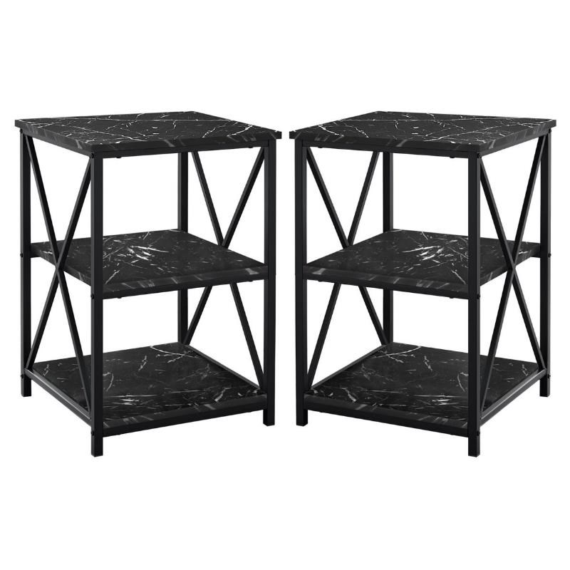 Home Square 2 Shelf Faux Marble Top Side Table in Black - Set of 2