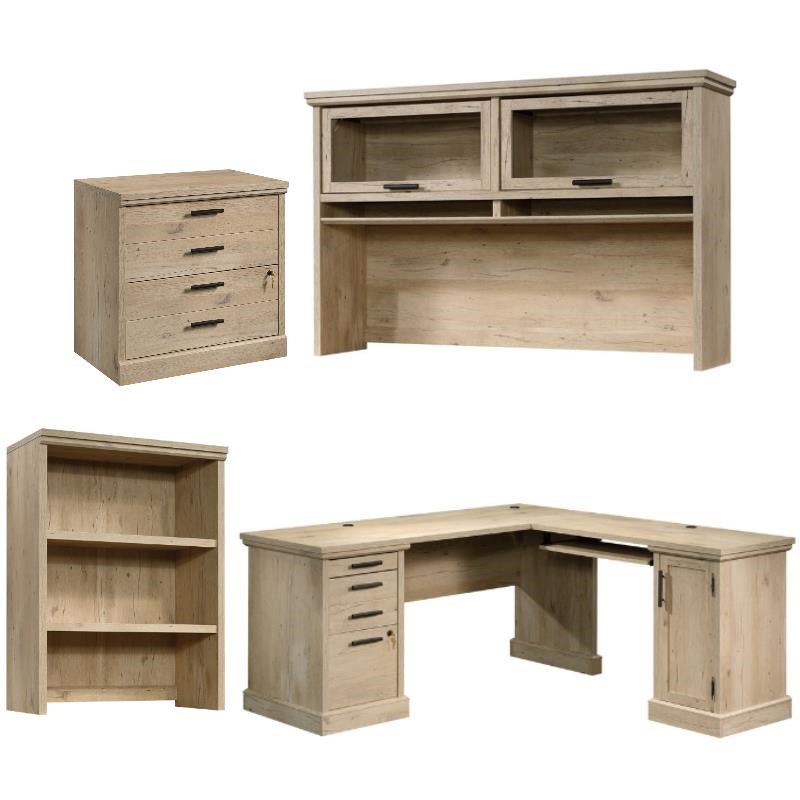 Home Square 4-Piece Set with Desk Large Hutch Library Hutch & Lateral File