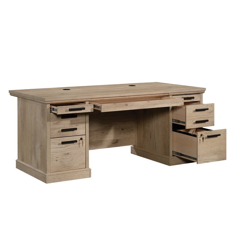 Home Square 2-Piece Set with Wood and Glass Hutch & Executive Desk in Prime Oak