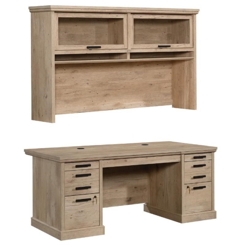 Home Square 2-Piece Set with Wood and Glass Hutch & Executive Desk in Prime Oak